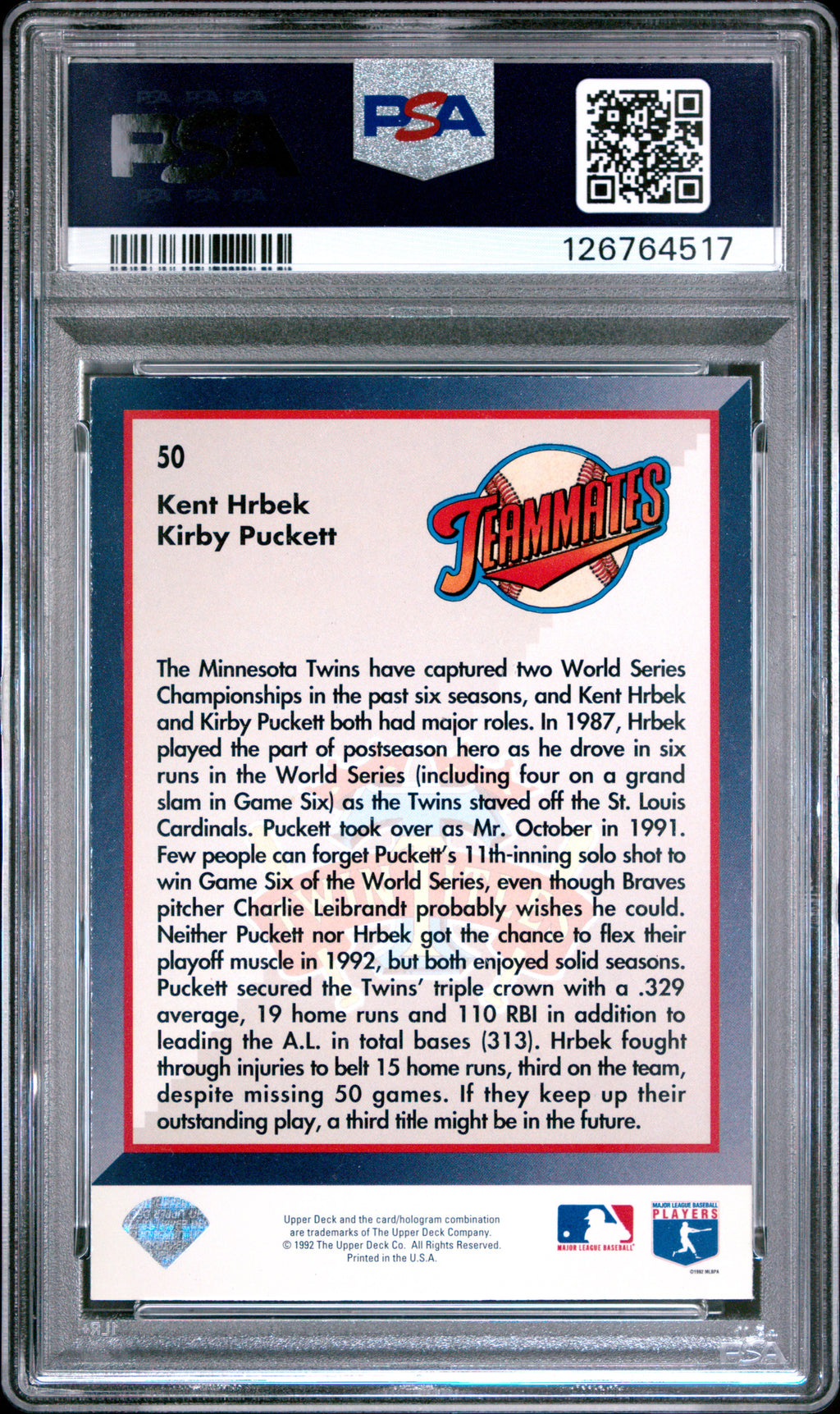 1993 Upper Deck K. Puckett K. Hrbek #50 PSA 6