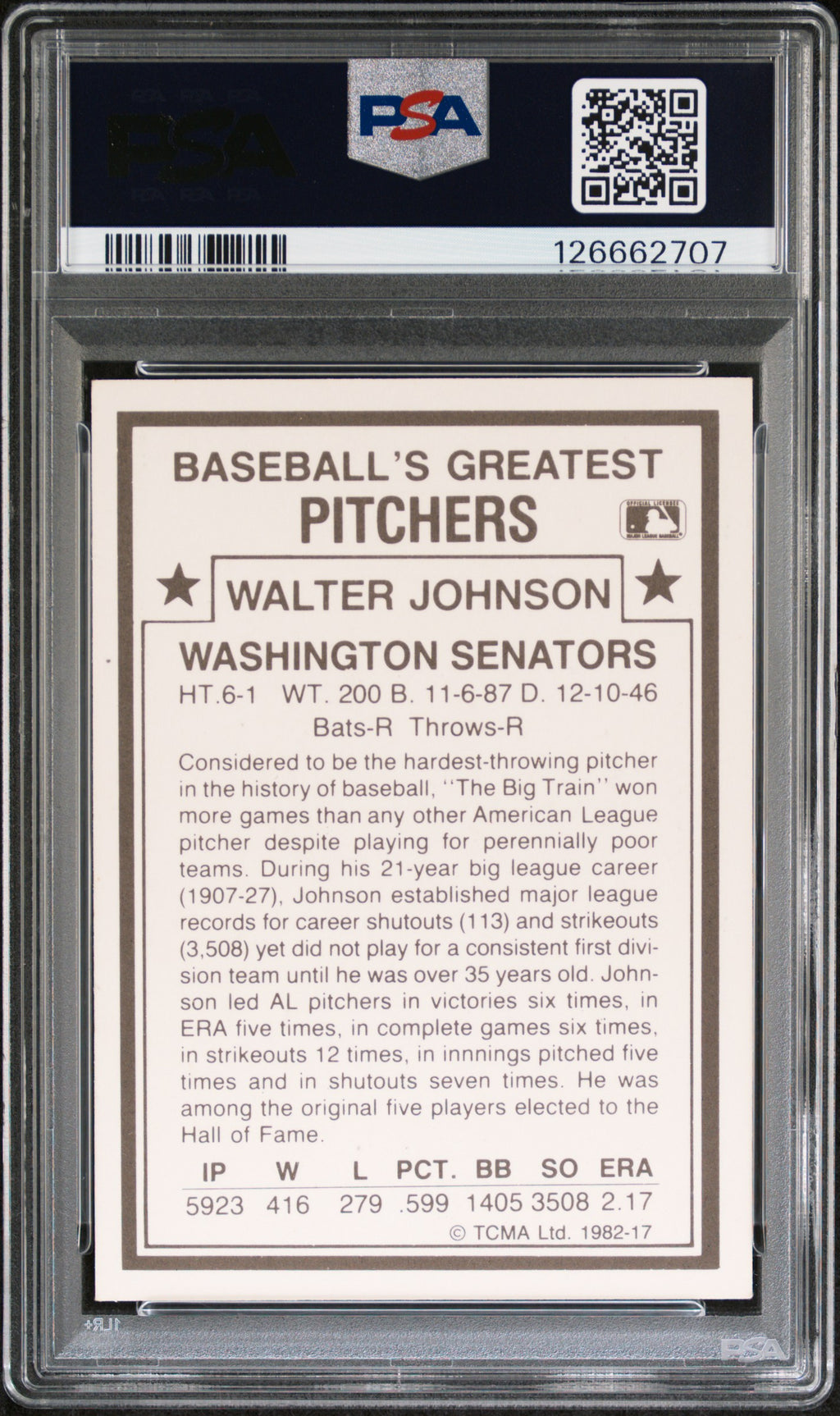 1982 Tcma Baseball's Greatest Pitchers Walter Johnson #17 PSA 8