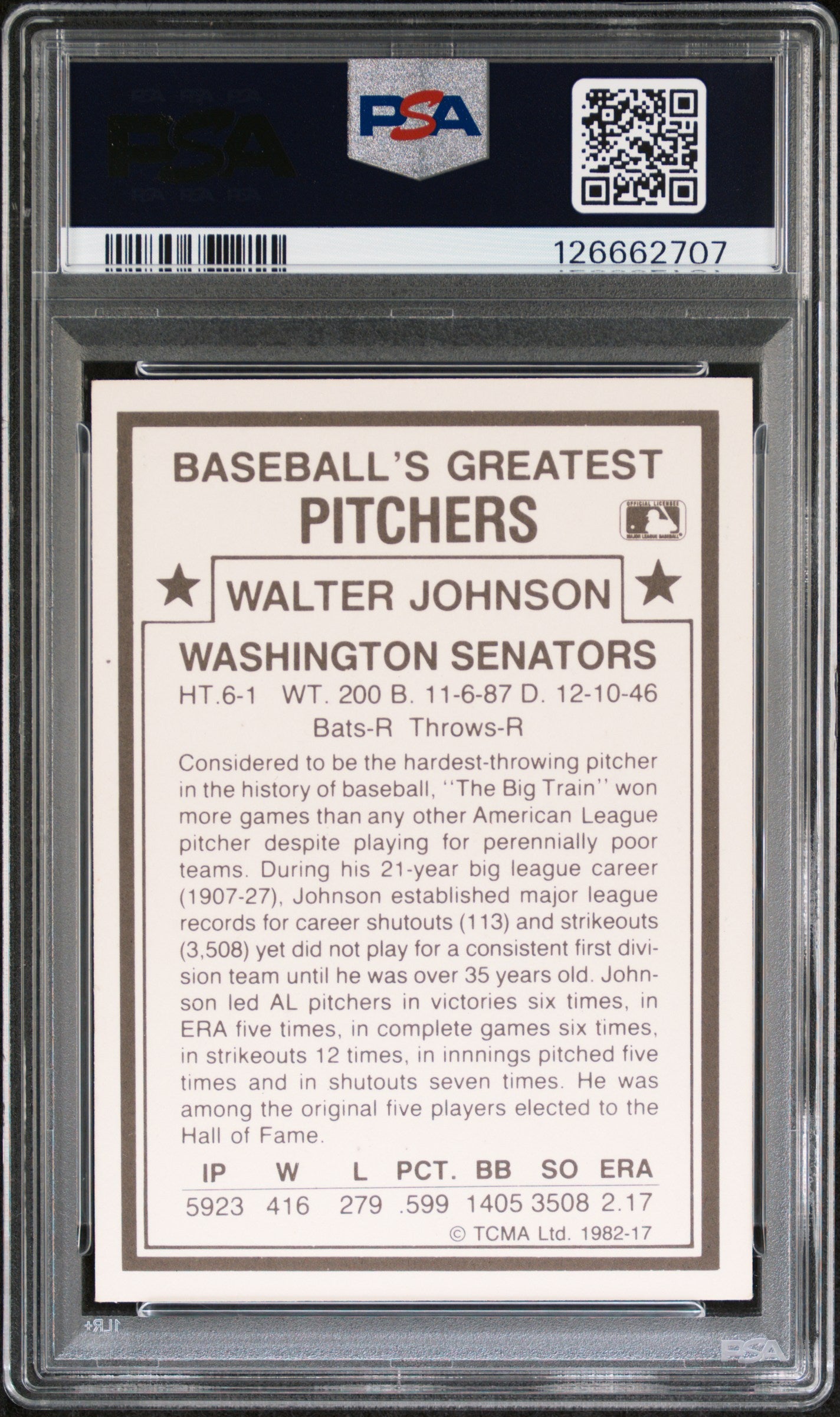 1982 Tcma Baseball's Greatest Pitchers Walter Johnson #17 PSA 8