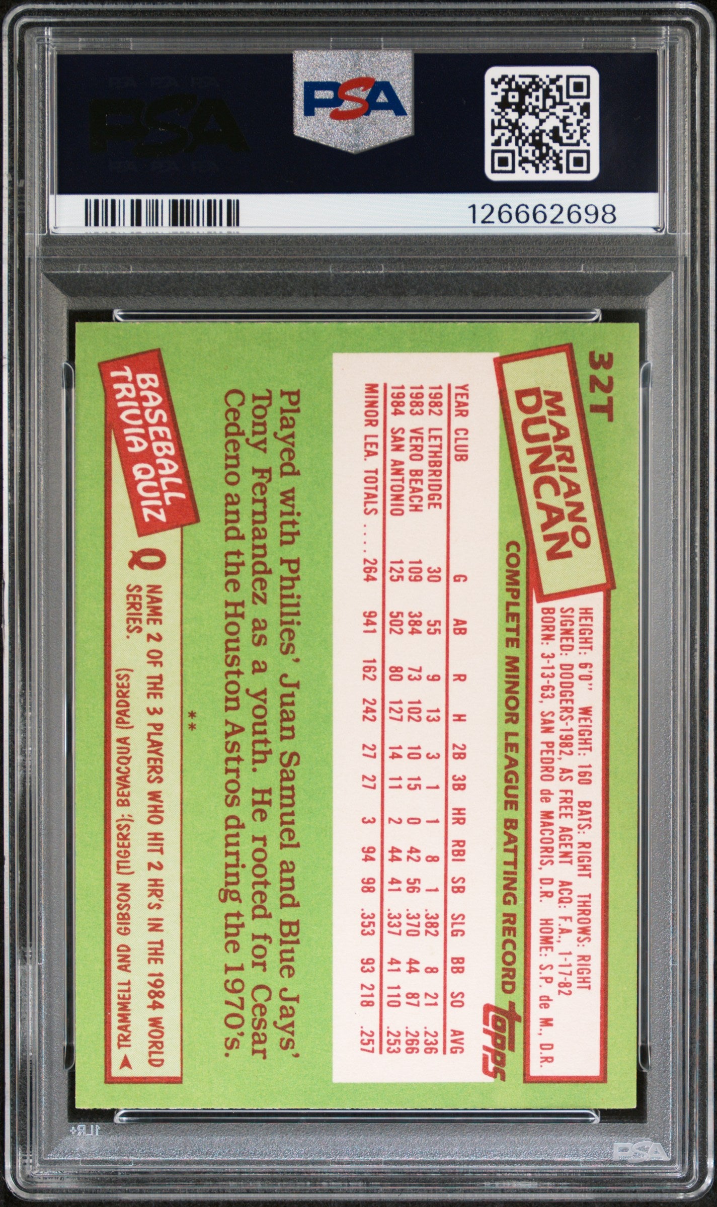 1985 Topps Traded Mariano Duncan #32T PSA 9