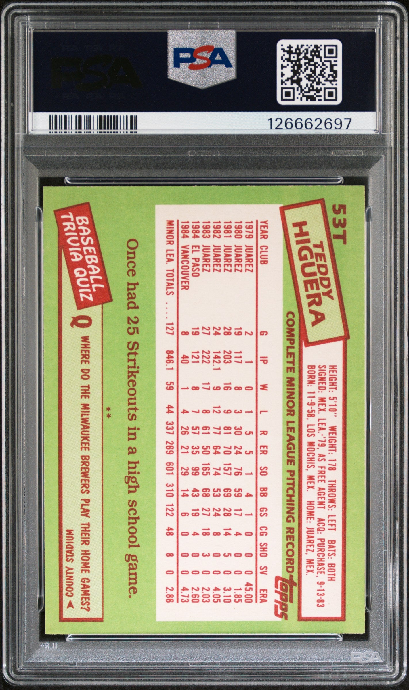 1985 Topps Traded Teddy Higuera #53T PSA 9