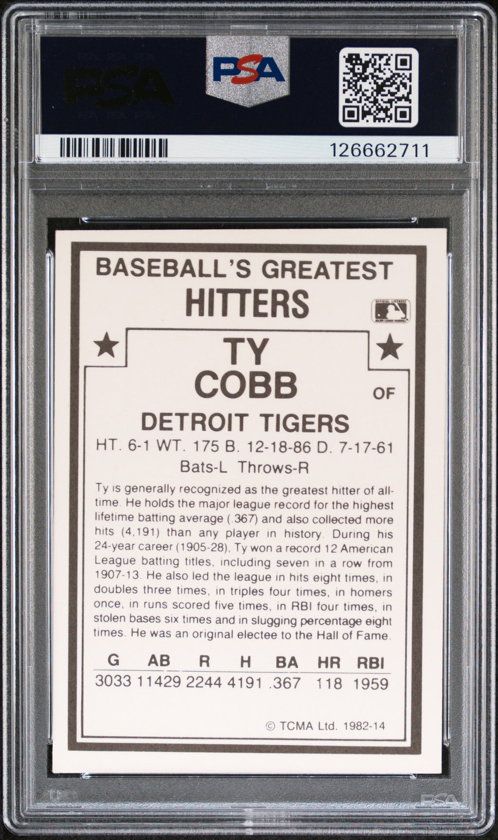 1982 Tcma Baseball's Greatest Hitters Ty Cobb #14 PSA 7