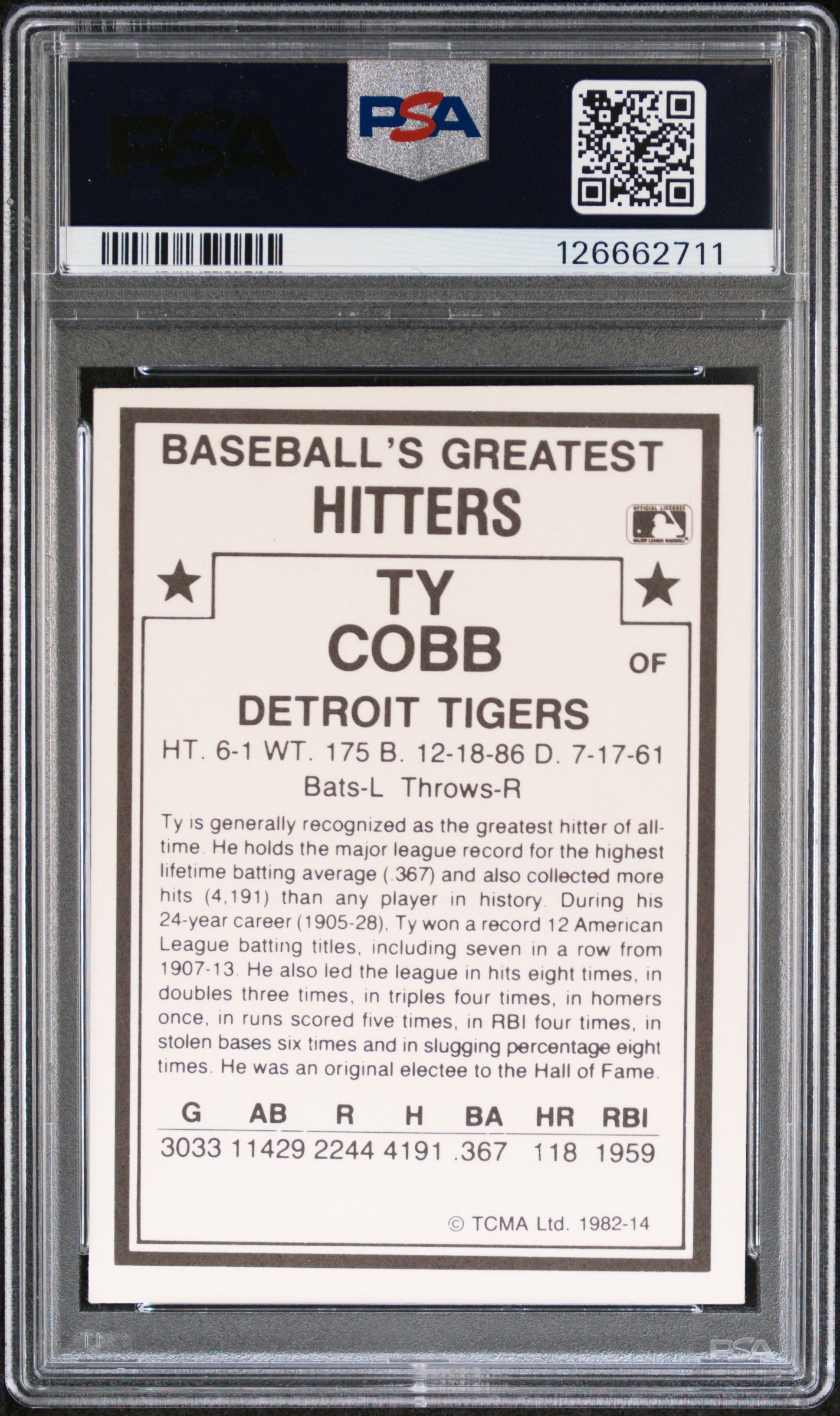 1982 Tcma Baseball's Greatest Hitters Ty Cobb #14 PSA 7