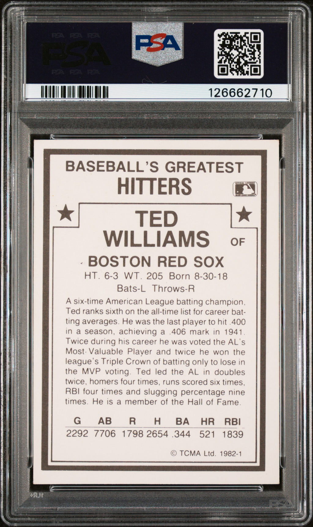 1982 Tcma Baseball's Greatest Hitters Ted Williams #1 PSA 6