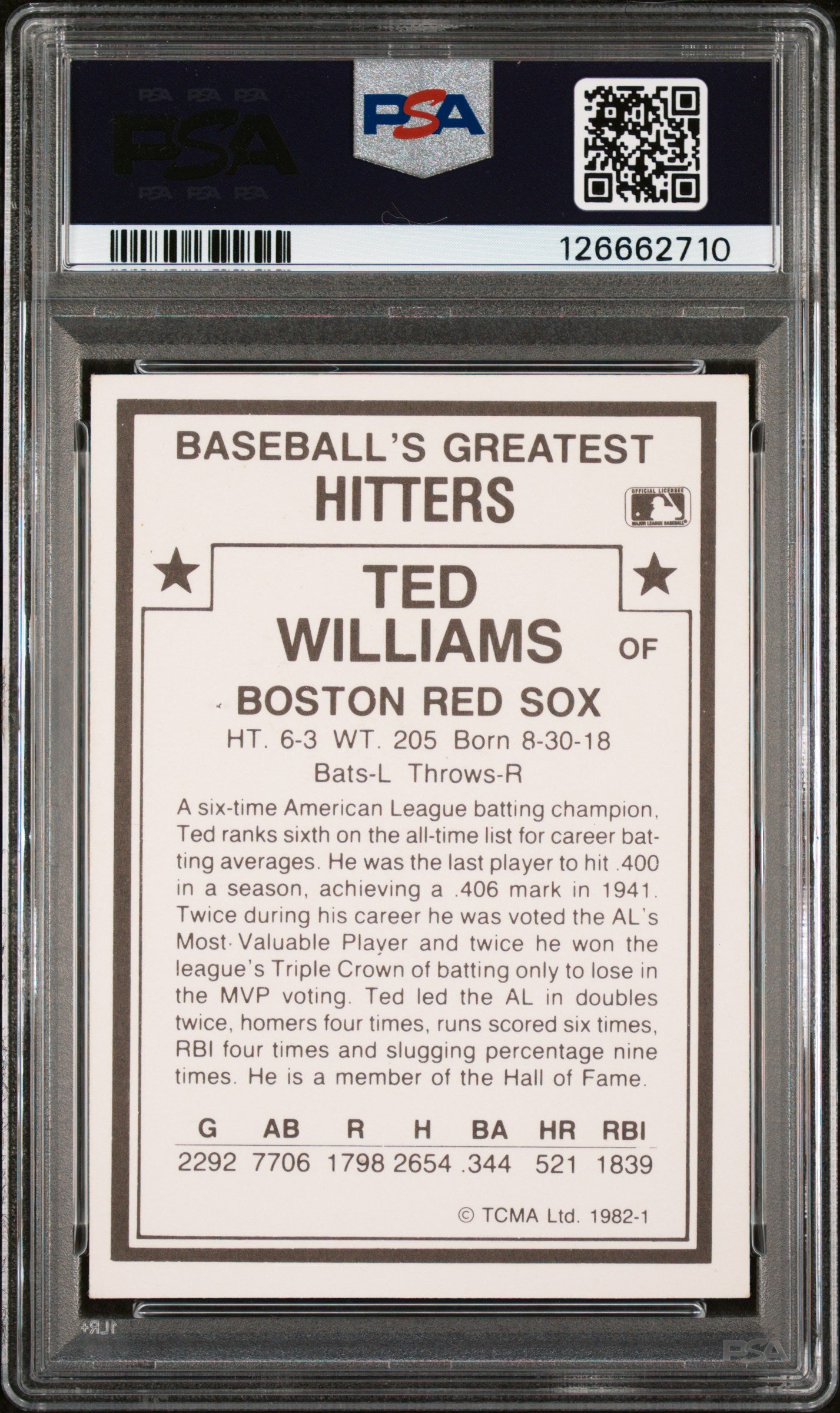 1982 Tcma Baseball's Greatest Hitters Ted Williams #1 PSA 6