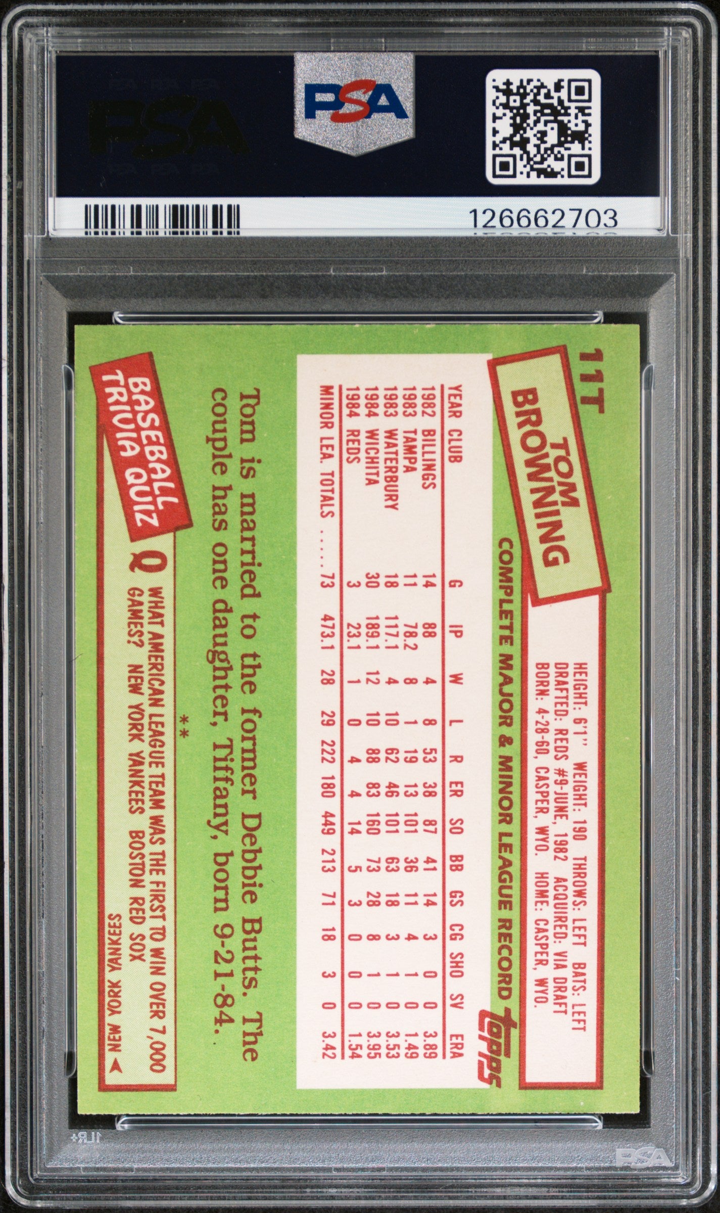 1985 Topps Traded Tom Browning #11T PSA 8