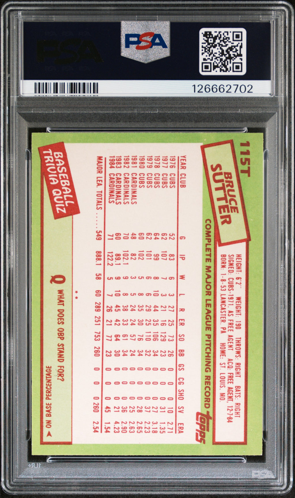 1985 Topps Traded Bruce Sutter #115T PSA 8