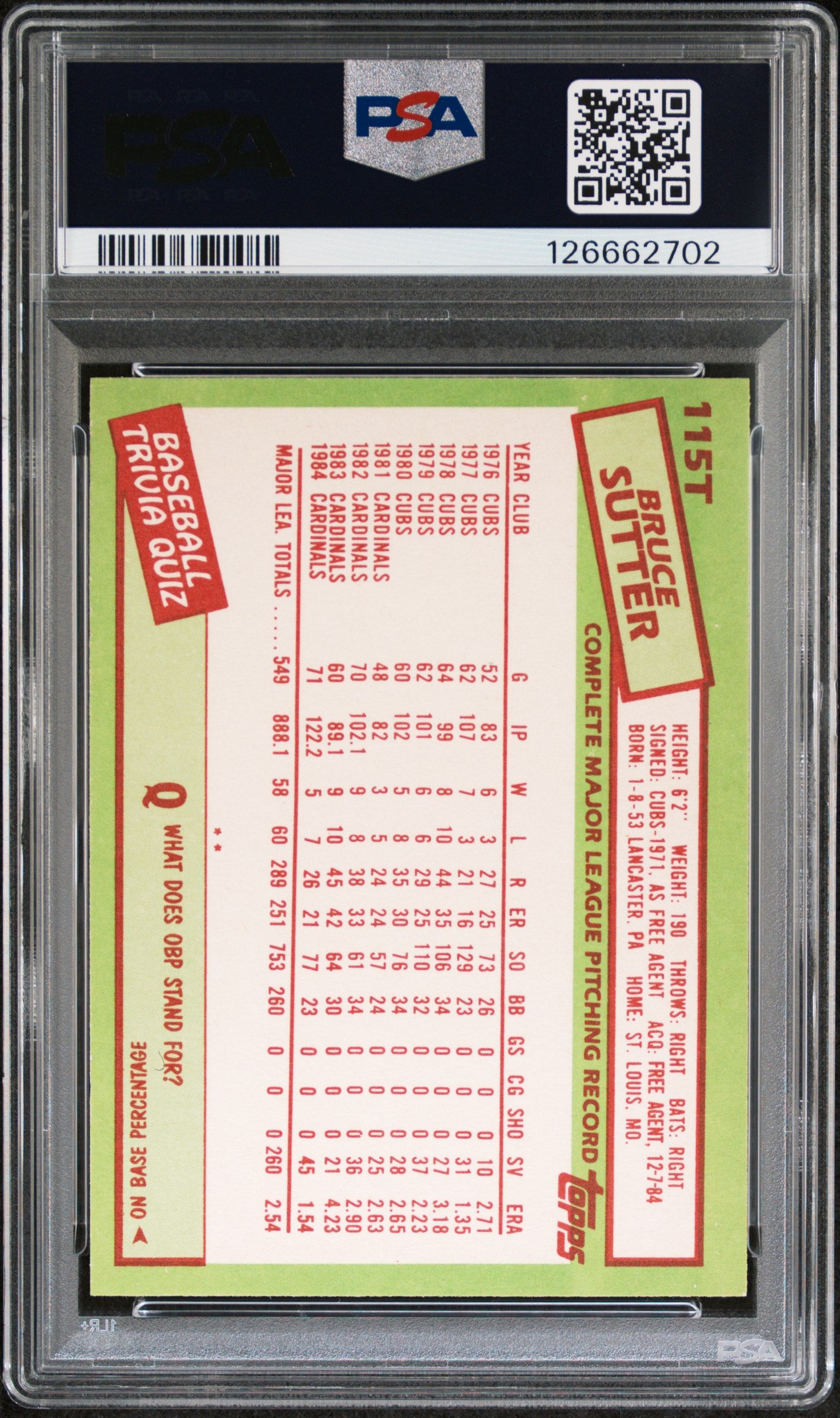 1985 Topps Traded Bruce Sutter #115T PSA 8