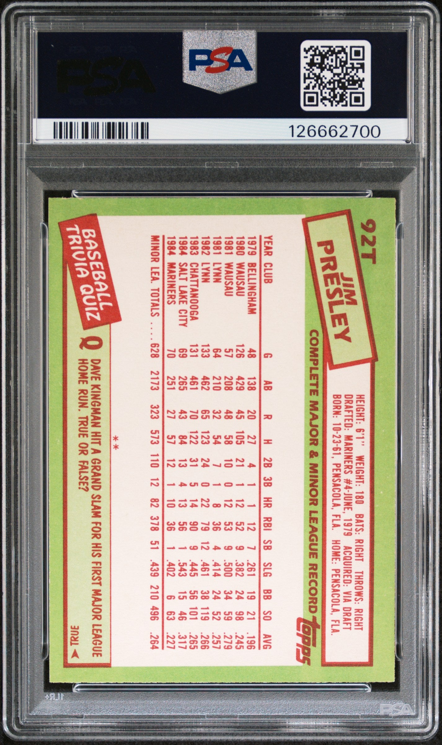1985 Topps Traded Jim Presley #92T PSA 8