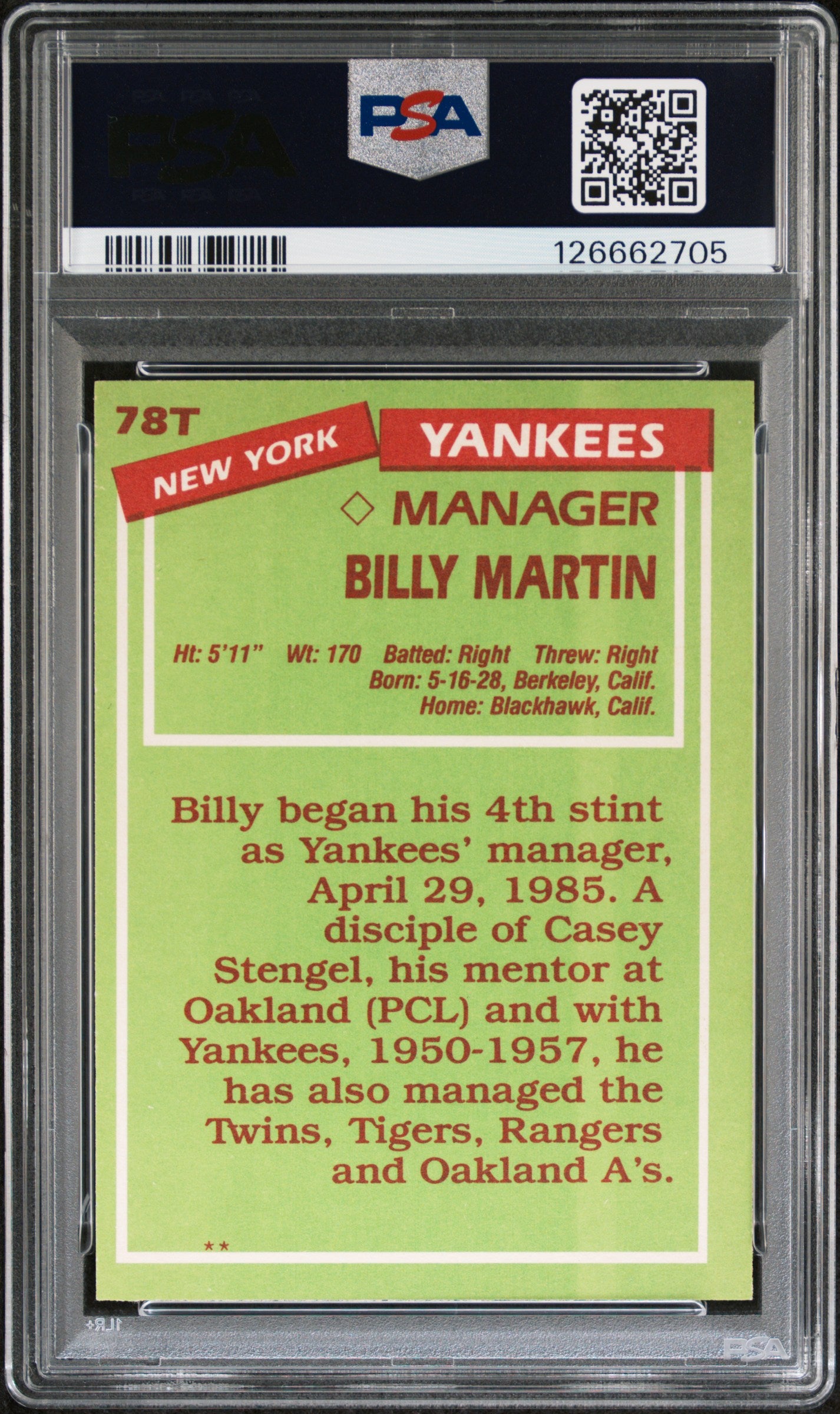 1985 Topps Traded Billy Martin #78T PSA 9
