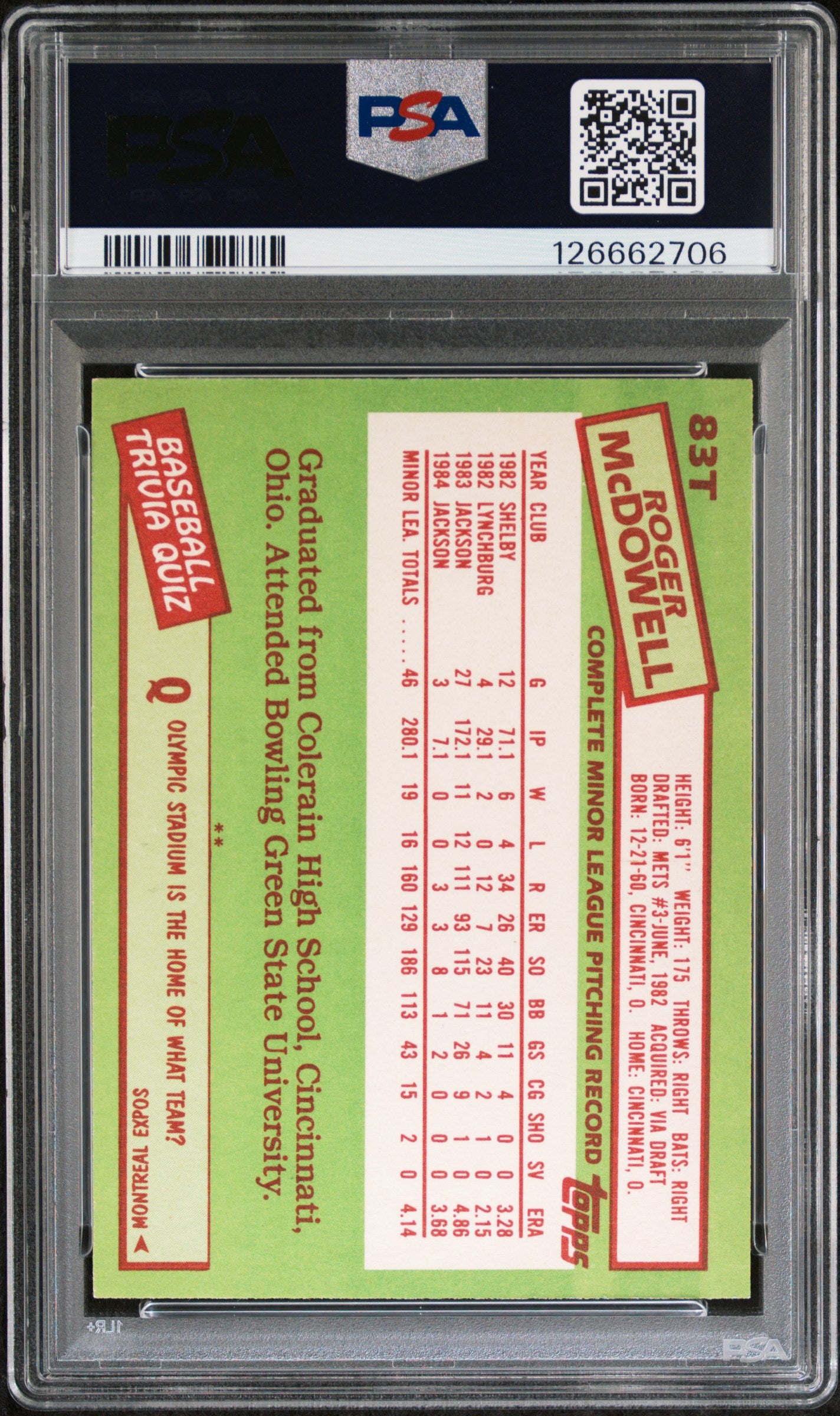 1985 Topps Traded Roger Mcdowell #83T PSA 8